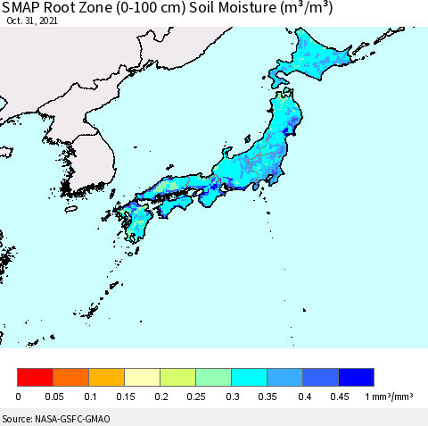 Japan SMAP Root Zone (0-100 cm) Soil Moisture (m³/m³) Thematic Map For 10/26/2021 - 10/31/2021