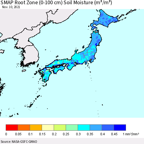 Japan SMAP Root Zone (0-100 cm) Soil Moisture (m³/m³) Thematic Map For 11/6/2021 - 11/10/2021