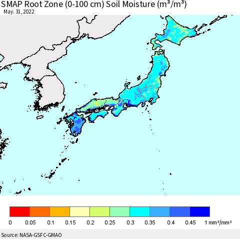 Japan SMAP Root Zone (0-100 cm) Soil Moisture (m³/m³) Thematic Map For 5/26/2022 - 5/31/2022