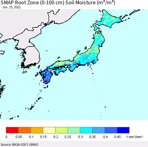 Japan SMAP Root Zone (0-100 cm) Soil Moisture (m³/m³) Thematic Map For 6/21/2022 - 6/25/2022