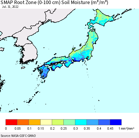 Japan SMAP Root Zone (0-100 cm) Soil Moisture (m³/m³) Thematic Map For 7/26/2022 - 7/31/2022