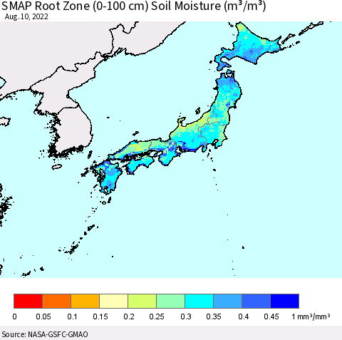 Japan SMAP Root Zone (0-100 cm) Soil Moisture (m³/m³) Thematic Map For 8/6/2022 - 8/10/2022