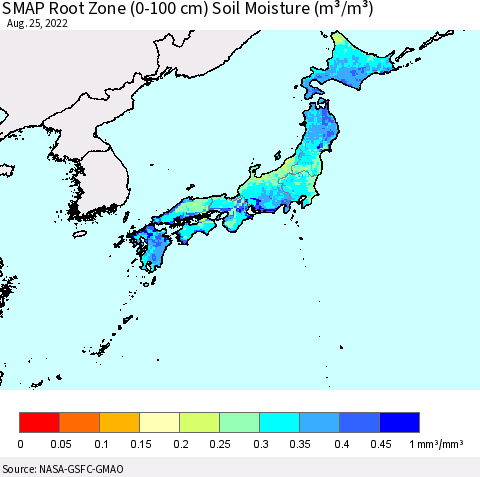 Japan SMAP Root Zone (0-100 cm) Soil Moisture (m³/m³) Thematic Map For 8/21/2022 - 8/25/2022