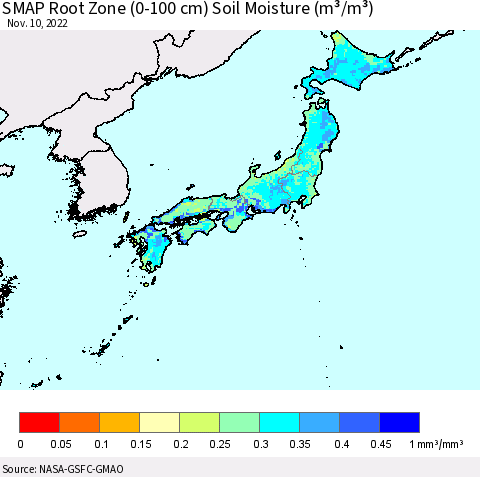 Japan SMAP Root Zone (0-100 cm) Soil Moisture (m³/m³) Thematic Map For 11/6/2022 - 11/10/2022