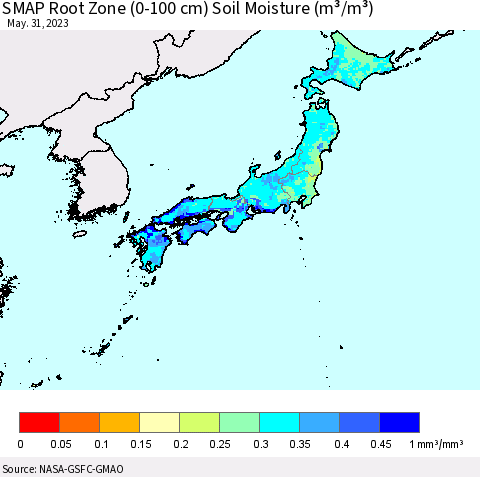 Japan SMAP Root Zone (0-100 cm) Soil Moisture (m³/m³) Thematic Map For 5/26/2023 - 5/31/2023