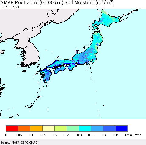 Japan SMAP Root Zone (0-100 cm) Soil Moisture (m³/m³) Thematic Map For 6/1/2023 - 6/5/2023