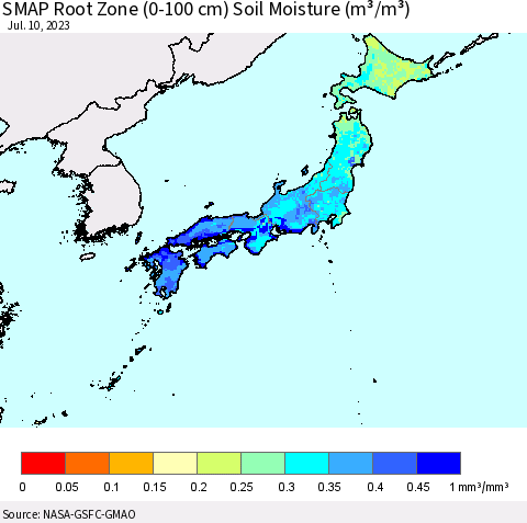 Japan SMAP Root Zone (0-100 cm) Soil Moisture (m³/m³) Thematic Map For 7/6/2023 - 7/10/2023