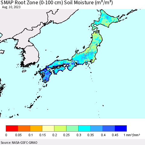 Japan SMAP Root Zone (0-100 cm) Soil Moisture (m³/m³) Thematic Map For 8/6/2023 - 8/10/2023