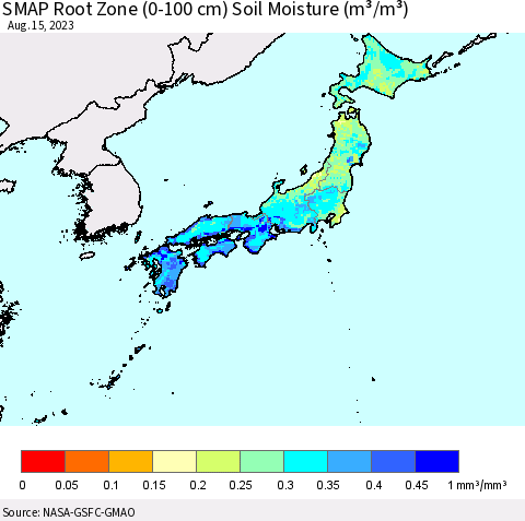 Japan SMAP Root Zone (0-100 cm) Soil Moisture (m³/m³) Thematic Map For 8/11/2023 - 8/15/2023