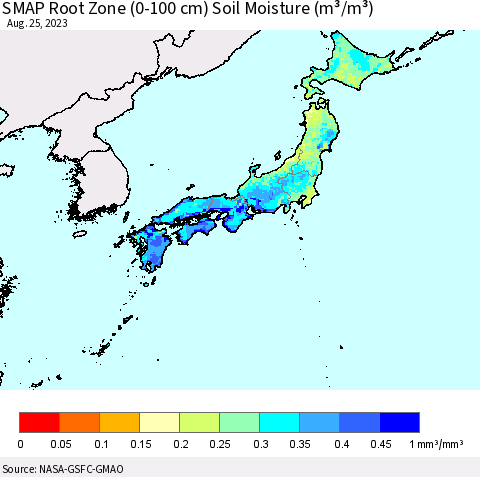 Japan SMAP Root Zone (0-100 cm) Soil Moisture (m³/m³) Thematic Map For 8/21/2023 - 8/25/2023