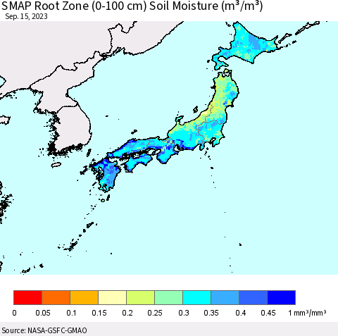 Japan SMAP Root Zone (0-100 cm) Soil Moisture (m³/m³) Thematic Map For 9/11/2023 - 9/15/2023