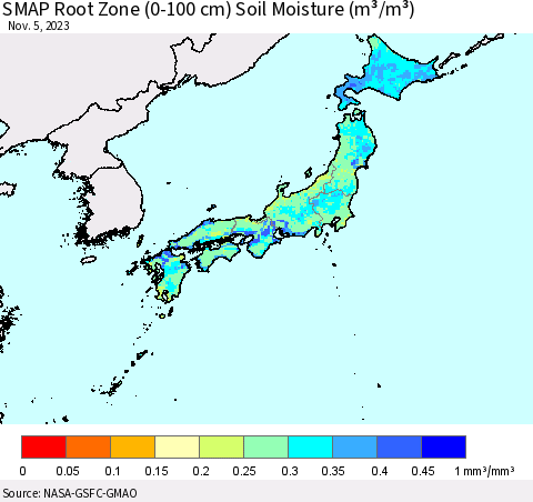Japan SMAP Root Zone (0-100 cm) Soil Moisture (m³/m³) Thematic Map For 11/1/2023 - 11/5/2023