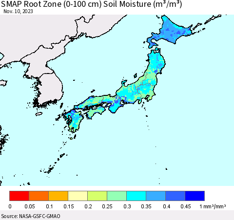 Japan SMAP Root Zone (0-100 cm) Soil Moisture (m³/m³) Thematic Map For 11/6/2023 - 11/10/2023