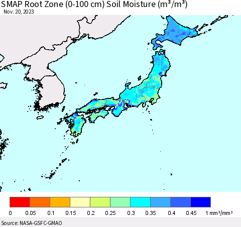 Japan SMAP Root Zone (0-100 cm) Soil Moisture (m³/m³) Thematic Map For 11/16/2023 - 11/20/2023