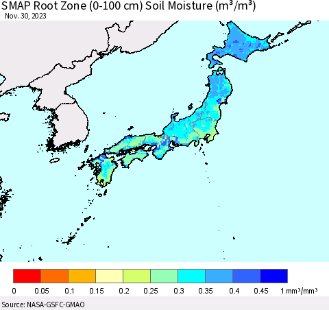 Japan SMAP Root Zone (0-100 cm) Soil Moisture (m³/m³) Thematic Map For 11/26/2023 - 11/30/2023
