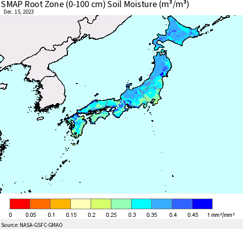 Japan SMAP Root Zone (0-100 cm) Soil Moisture (m³/m³) Thematic Map For 12/11/2023 - 12/15/2023