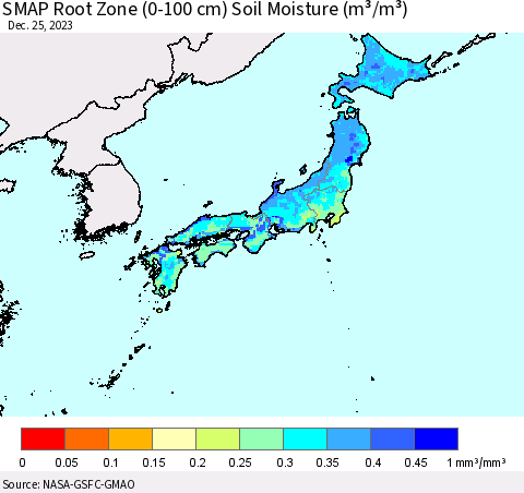 Japan SMAP Root Zone (0-100 cm) Soil Moisture (m³/m³) Thematic Map For 12/21/2023 - 12/25/2023