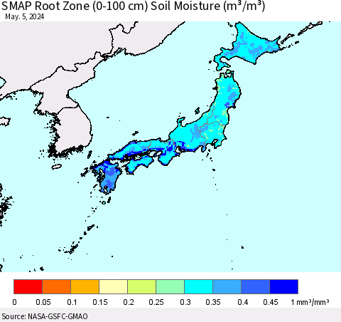 Japan SMAP Root Zone (0-100 cm) Soil Moisture (m³/m³) Thematic Map For 5/1/2024 - 5/5/2024