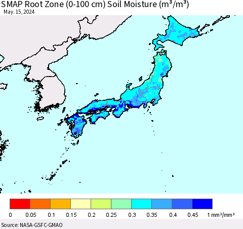 Japan SMAP Root Zone (0-100 cm) Soil Moisture (m³/m³) Thematic Map For 5/11/2024 - 5/15/2024