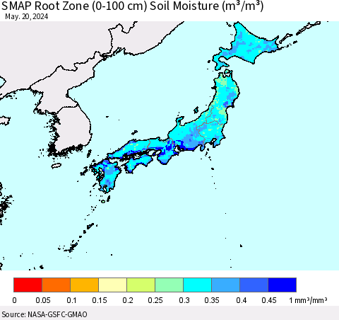 Japan SMAP Root Zone (0-100 cm) Soil Moisture (m³/m³) Thematic Map For 5/16/2024 - 5/20/2024