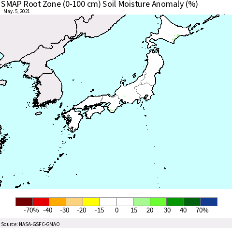 Japan SMAP Root Zone (0-100 cm) Soil Moisture Anomaly (%) Thematic Map For 5/1/2021 - 5/5/2021
