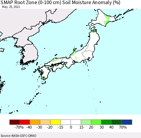 Japan SMAP Root Zone (0-100 cm) Soil Moisture Anomaly (%) Thematic Map For 5/21/2021 - 5/25/2021