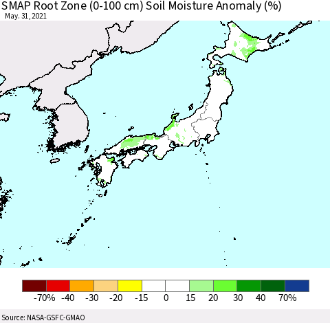 Japan SMAP Root Zone (0-100 cm) Soil Moisture Anomaly (%) Thematic Map For 5/26/2021 - 5/31/2021