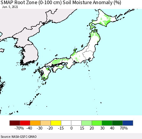 Japan SMAP Root Zone (0-100 cm) Soil Moisture Anomaly (%) Thematic Map For 6/1/2021 - 6/5/2021