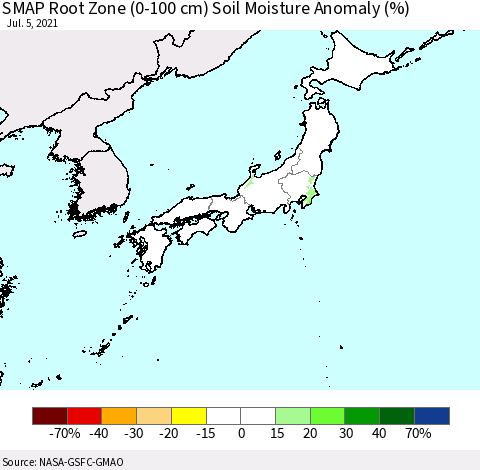 Japan SMAP Root Zone (0-100 cm) Soil Moisture Anomaly (%) Thematic Map For 7/1/2021 - 7/5/2021