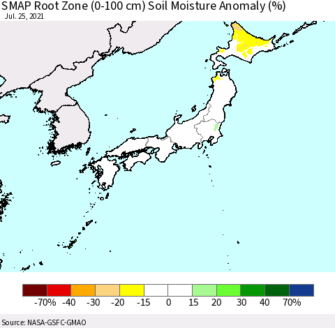 Japan SMAP Root Zone (0-100 cm) Soil Moisture Anomaly (%) Thematic Map For 7/21/2021 - 7/25/2021