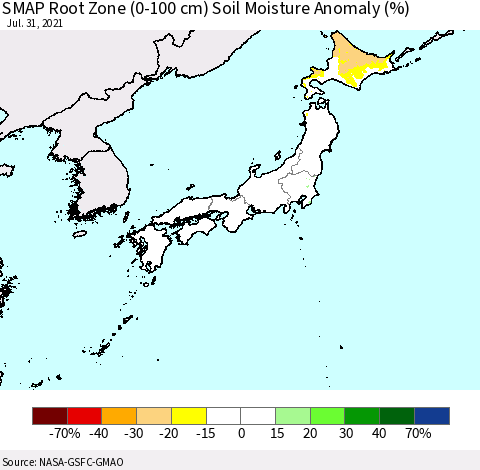 Japan SMAP Root Zone (0-100 cm) Soil Moisture Anomaly (%) Thematic Map For 7/26/2021 - 7/31/2021