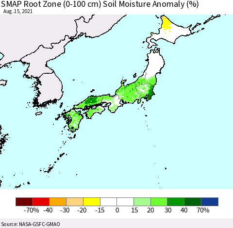 Japan SMAP Root Zone (0-100 cm) Soil Moisture Anomaly (%) Thematic Map For 8/11/2021 - 8/15/2021