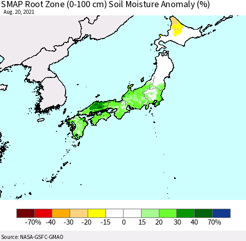 Japan SMAP Root Zone (0-100 cm) Soil Moisture Anomaly (%) Thematic Map For 8/16/2021 - 8/20/2021