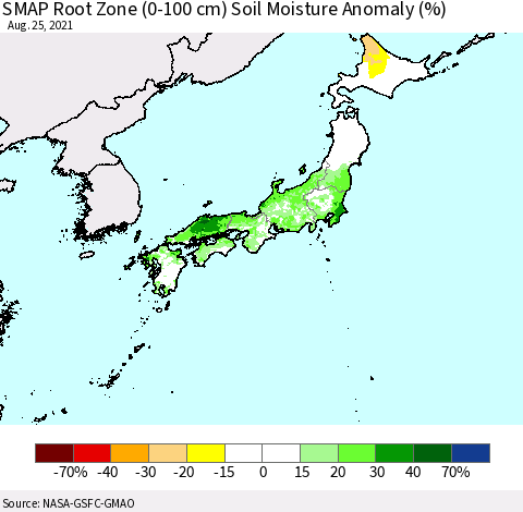 Japan SMAP Root Zone (0-100 cm) Soil Moisture Anomaly (%) Thematic Map For 8/21/2021 - 8/25/2021