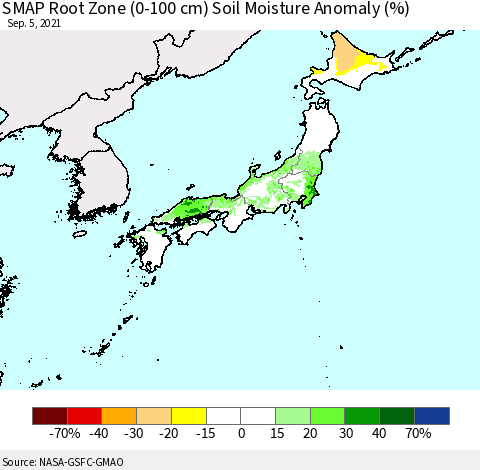 Japan SMAP Root Zone (0-100 cm) Soil Moisture Anomaly (%) Thematic Map For 9/1/2021 - 9/5/2021