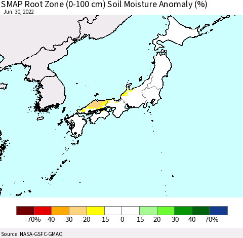 Japan SMAP Root Zone (0-100 cm) Soil Moisture Anomaly (%) Thematic Map For 6/26/2022 - 6/30/2022