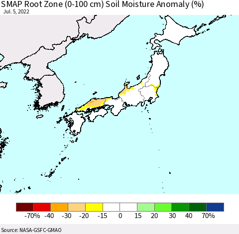 Japan SMAP Root Zone (0-100 cm) Soil Moisture Anomaly (%) Thematic Map For 7/1/2022 - 7/5/2022