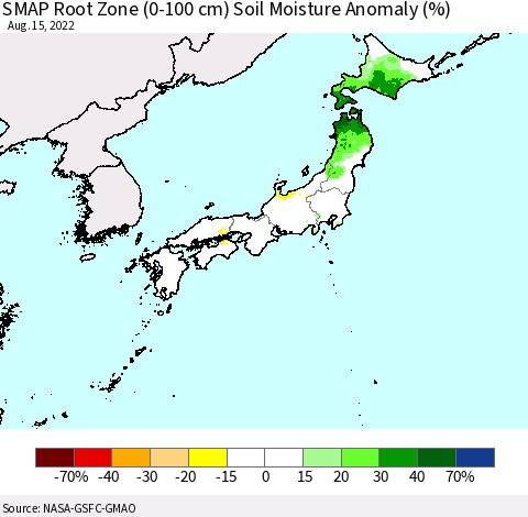 Japan SMAP Root Zone (0-100 cm) Soil Moisture Anomaly (%) Thematic Map For 8/11/2022 - 8/15/2022