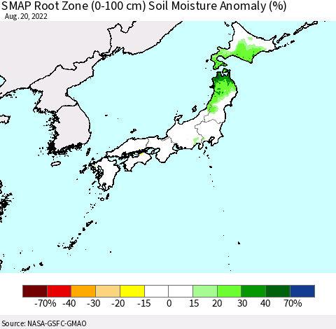Japan SMAP Root Zone (0-100 cm) Soil Moisture Anomaly (%) Thematic Map For 8/16/2022 - 8/20/2022