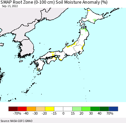 Japan SMAP Root Zone (0-100 cm) Soil Moisture Anomaly (%) Thematic Map For 9/11/2022 - 9/15/2022