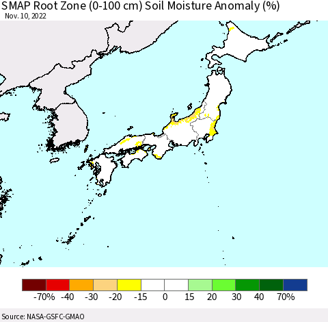 Japan SMAP Root Zone (0-100 cm) Soil Moisture Anomaly (%) Thematic Map For 11/6/2022 - 11/10/2022