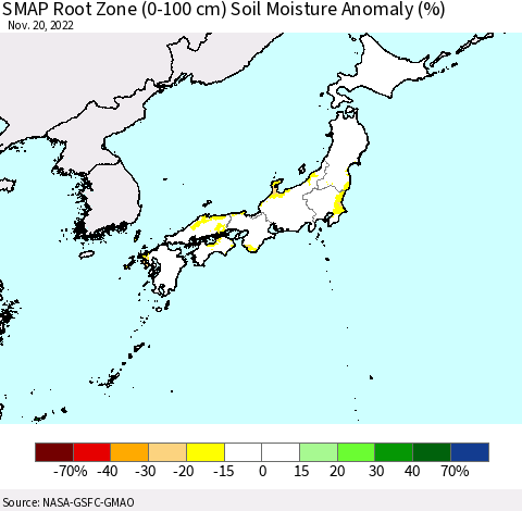 Japan SMAP Root Zone (0-100 cm) Soil Moisture Anomaly (%) Thematic Map For 11/16/2022 - 11/20/2022