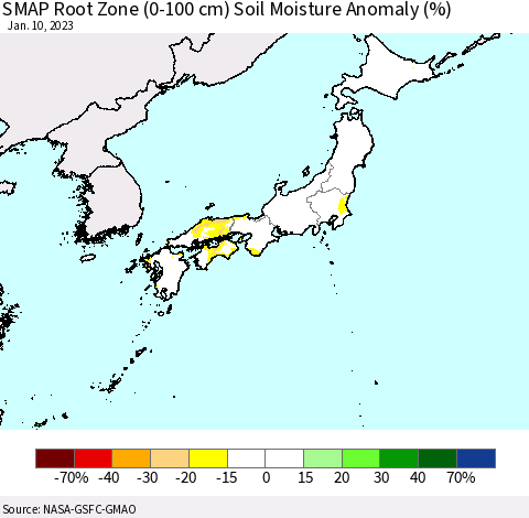 Japan SMAP Root Zone (0-100 cm) Soil Moisture Anomaly (%) Thematic Map For 1/6/2023 - 1/10/2023