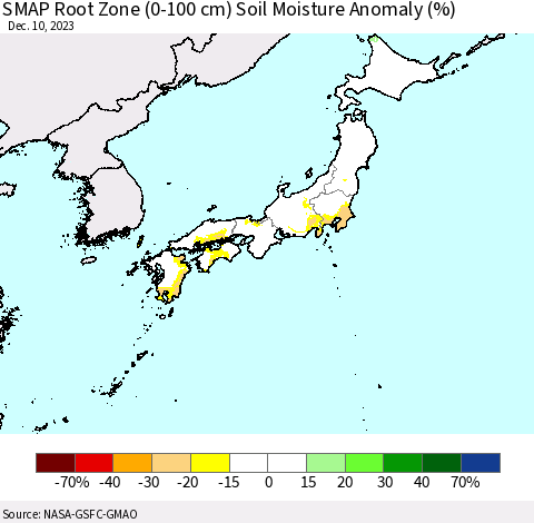 Japan SMAP Root Zone (0-100 cm) Soil Moisture Anomaly (%) Thematic Map For 12/6/2023 - 12/10/2023