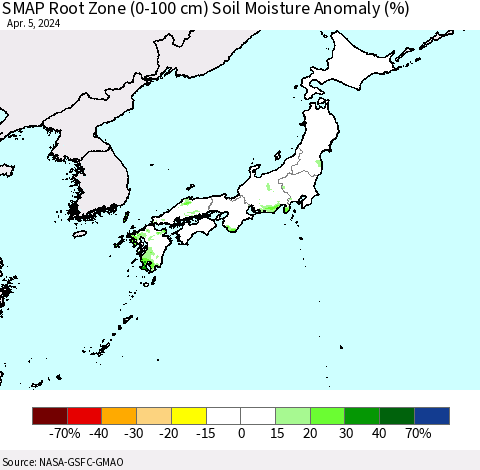 Japan SMAP Root Zone (0-100 cm) Soil Moisture Anomaly (%) Thematic Map For 4/1/2024 - 4/5/2024