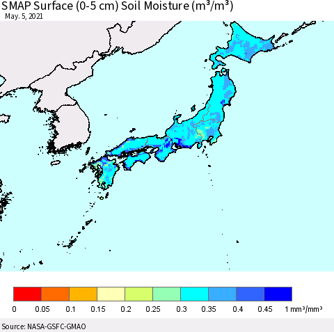 Japan SMAP Surface (0-5 cm) Soil Moisture (m³/m³) Thematic Map For 5/1/2021 - 5/5/2021