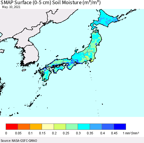 Japan SMAP Surface (0-5 cm) Soil Moisture (m³/m³) Thematic Map For 5/6/2021 - 5/10/2021