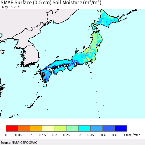 Japan SMAP Surface (0-5 cm) Soil Moisture (m³/m³) Thematic Map For 5/11/2021 - 5/15/2021