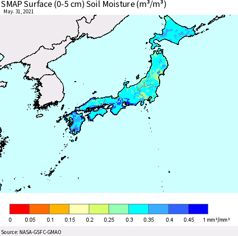 Japan SMAP Surface (0-5 cm) Soil Moisture (m³/m³) Thematic Map For 5/26/2021 - 5/31/2021