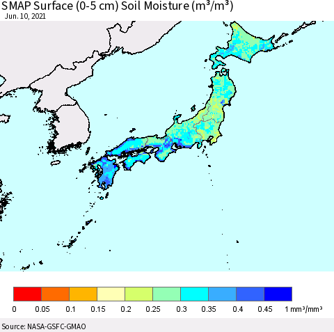 Japan SMAP Surface (0-5 cm) Soil Moisture (m³/m³) Thematic Map For 6/6/2021 - 6/10/2021